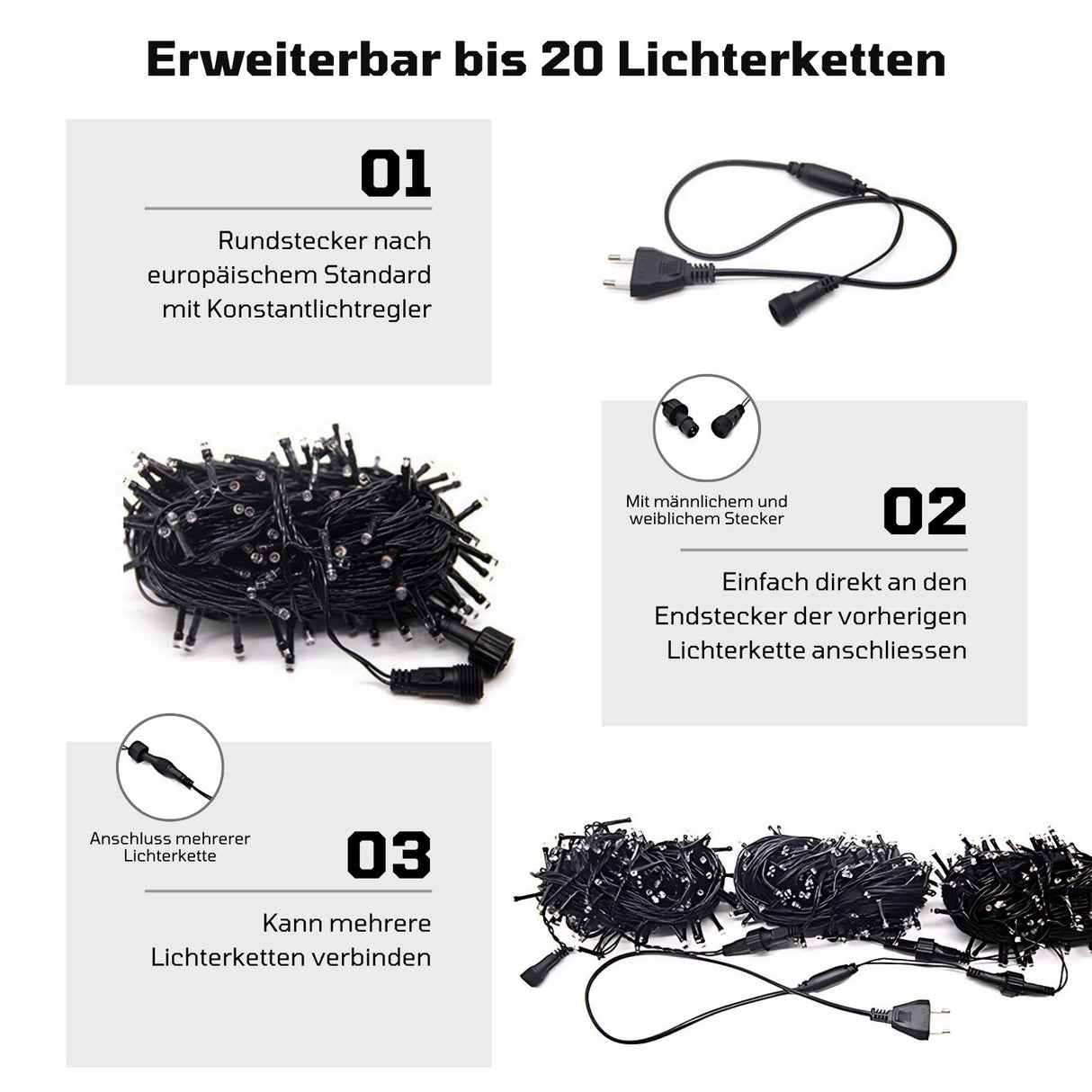 Erweiterbare LED-Lichterkette 9.7m mit Steckverbindung Verlängerung