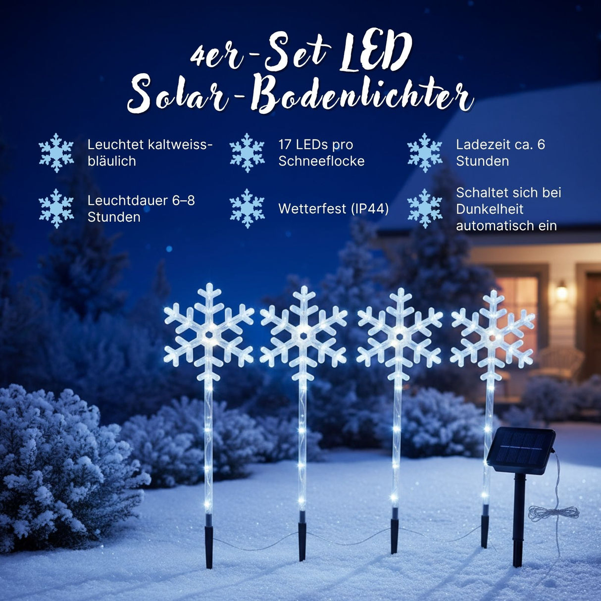 4er-Set LED Solar-Bodenlicht Schneeflocken-Lichterkette Solarleuchte