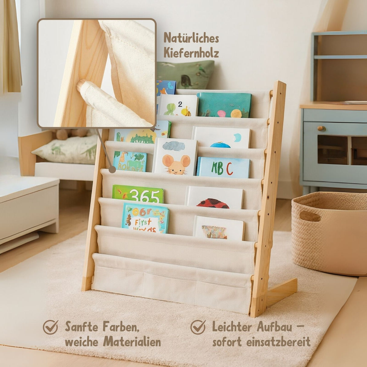 Holzregal mit Baumwolltuch Kinderregal Bücherregal Kinderbuchregal