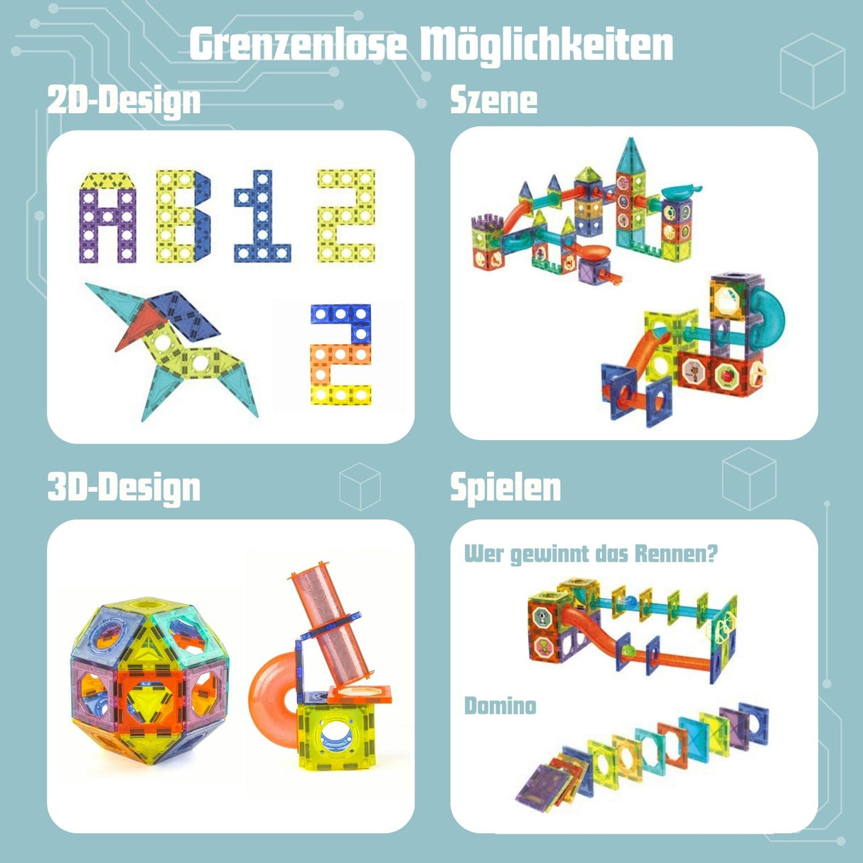 205-tlg. Magnetbahn Magnetische Kugelbahn Magnetbausteine Murmelbahn
