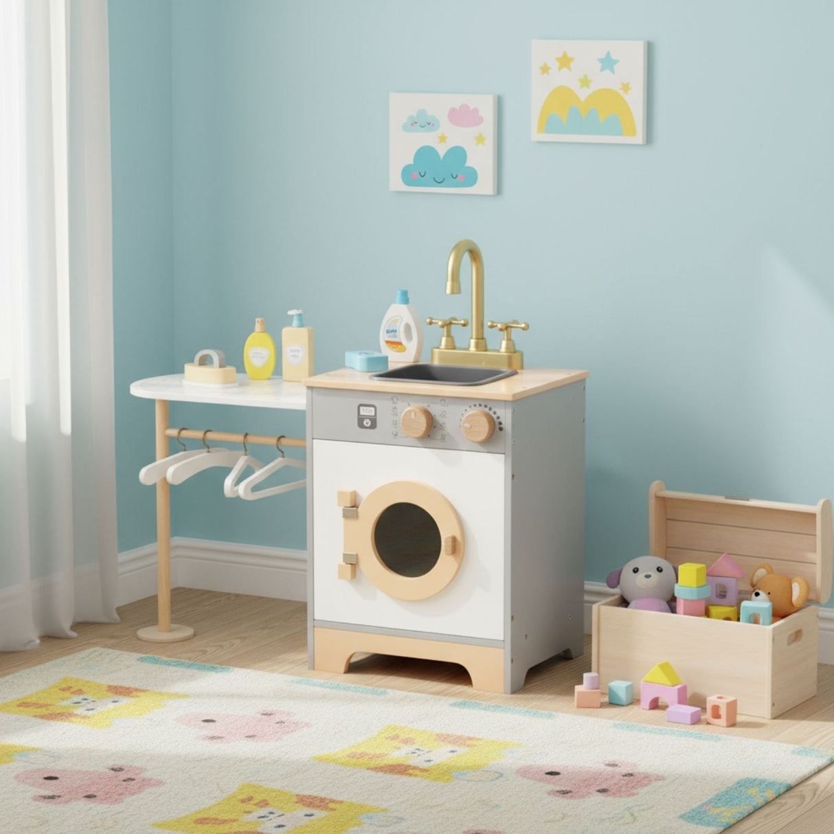 Kinder Spielhaus-Waschmaschine aus Holz mit Zubehör Kinderwaschmaschine