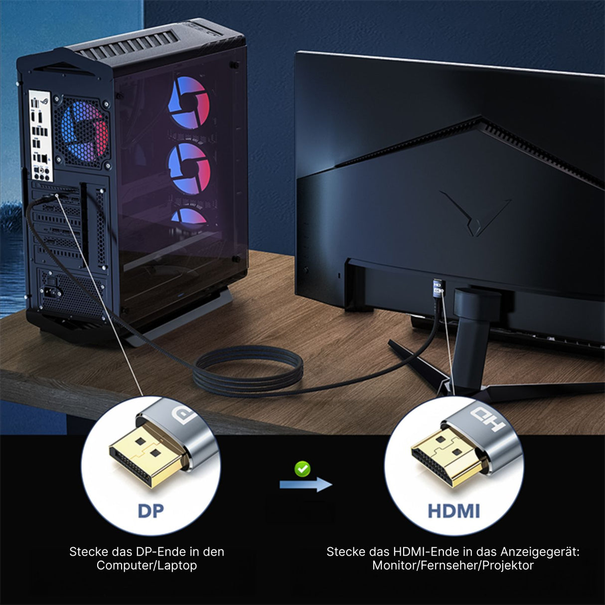 DisplayPort 1.2 zu HDMI 2.0 Kabel 2m DP zu HDMI-Kabel Anschlusskabel
