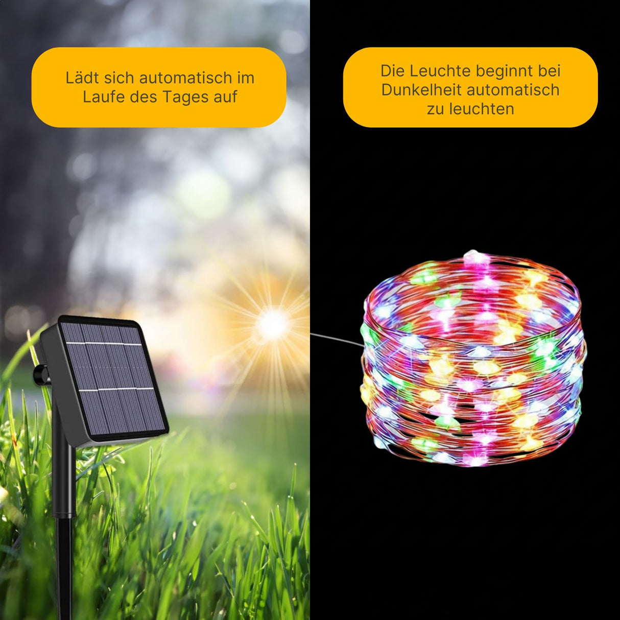 22m LED Leuchtgirlande Solar-Lichterkette Gartenbeleuchtung RGB