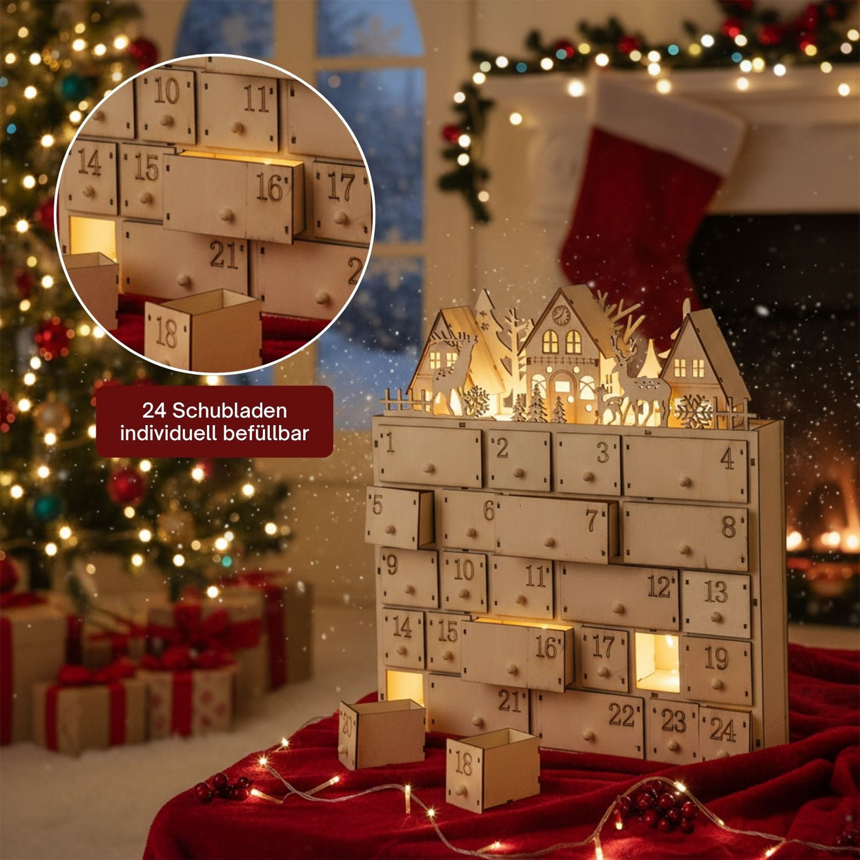 Holz-Adventskalender Weihnachtskalender 24 Schubladen mit LED