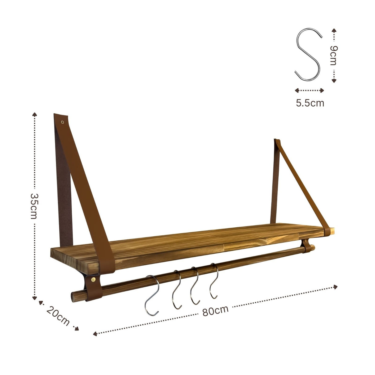 Wandregal 80cm mit Lederbändern und Holzstab Dekoregal Hängeregal