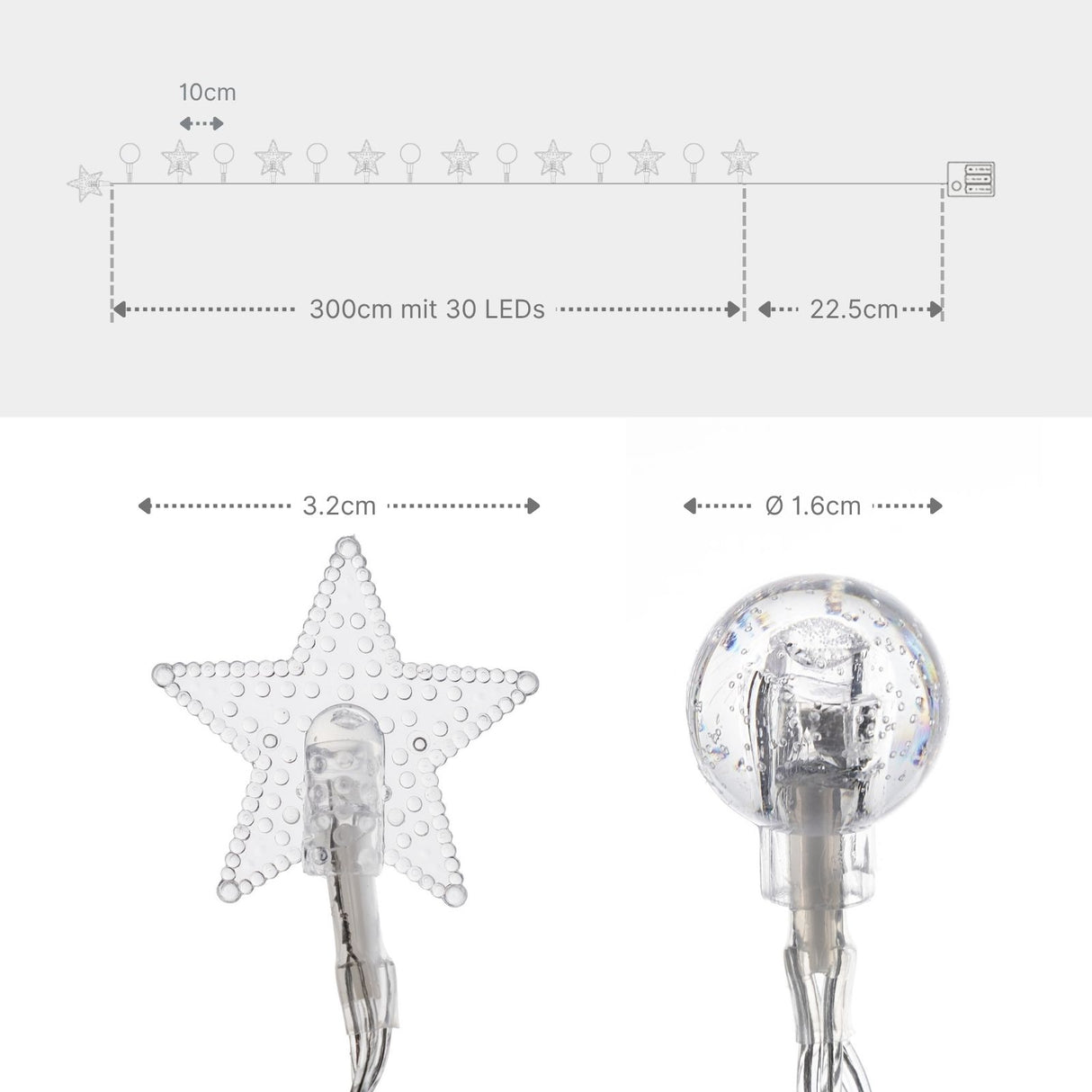 LED Kugel- und Sternenlichterkette 3m Dekolichterkette Sterne Kugeln