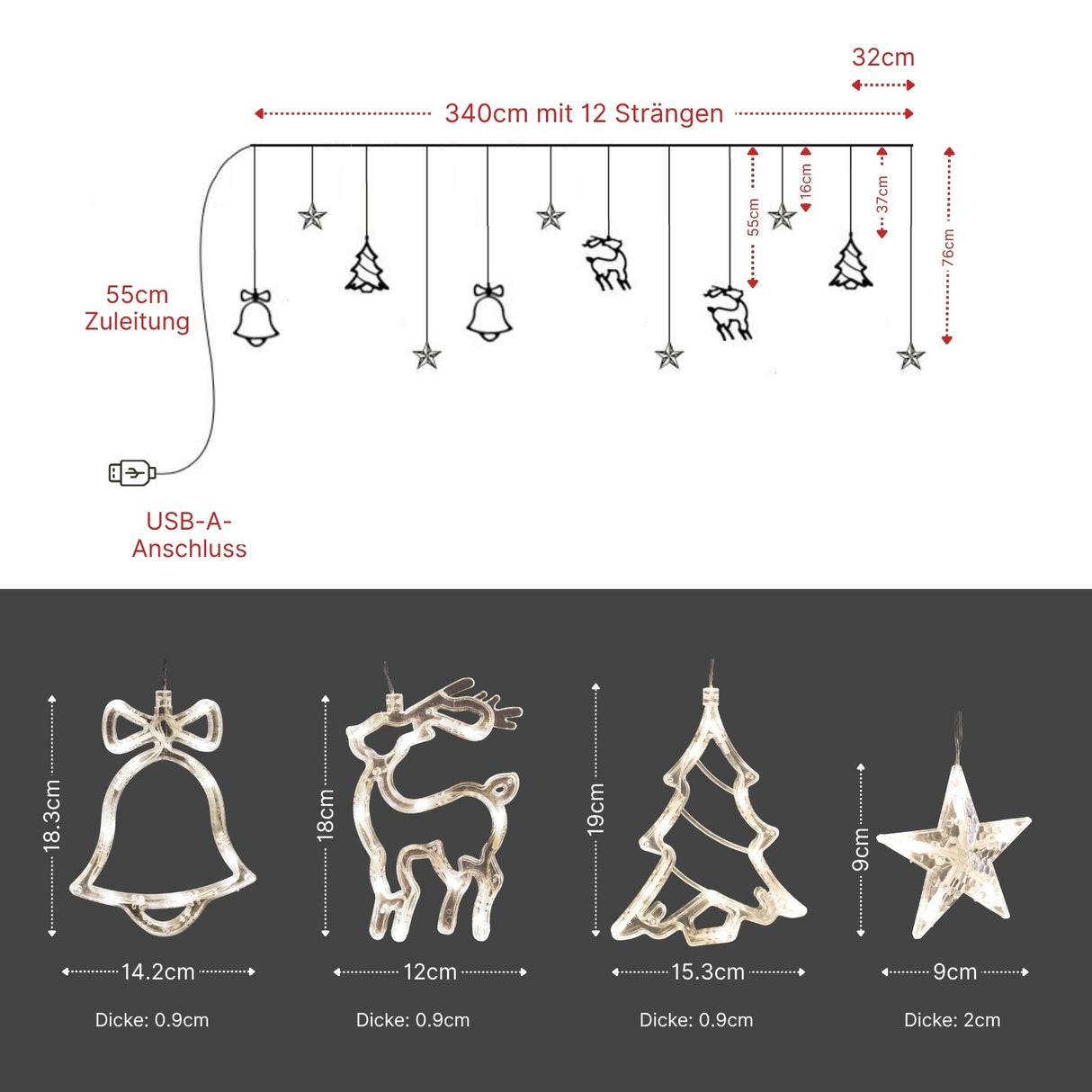 LED Weihnachtslichtervorhang 3.4m  Leuchtkette Weihnachtsvorhanglichter