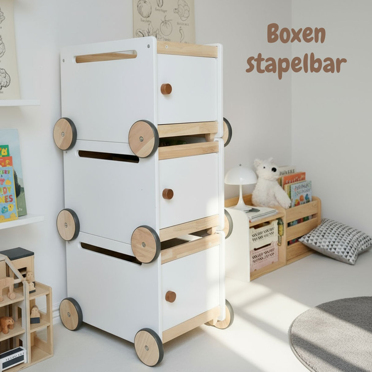 Spielzeugkiste auf Rollen Spielzeugwagen Bücherkiste Holz-Rollbox
