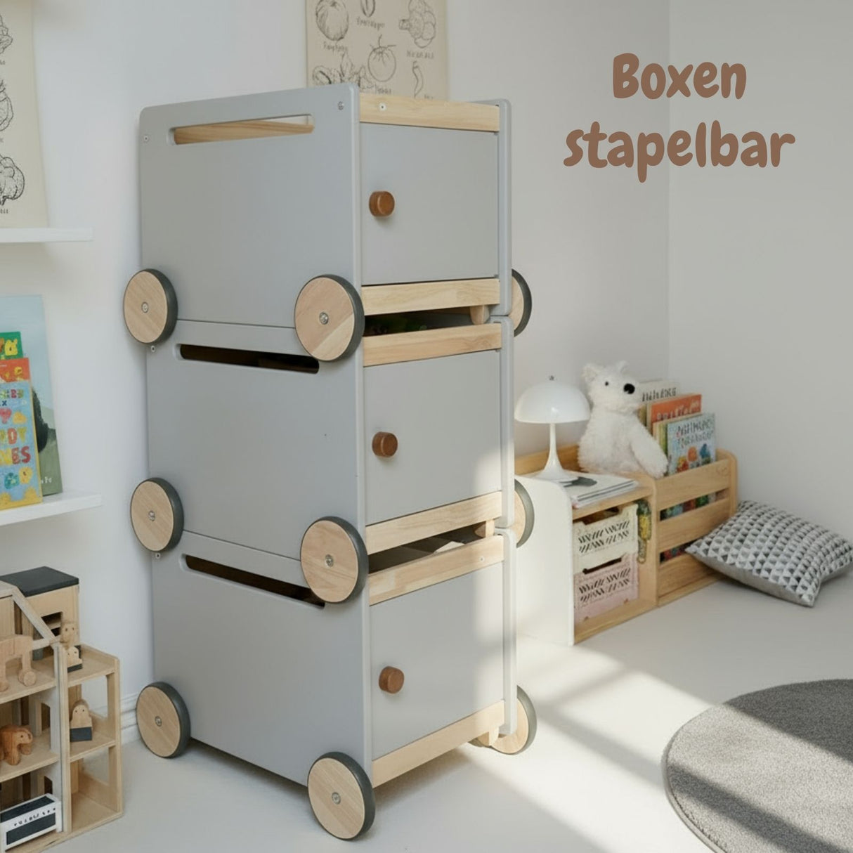 Spielzeugkiste auf Rollen Bücherkiste Spielzeugwagen Holz-Rollbox