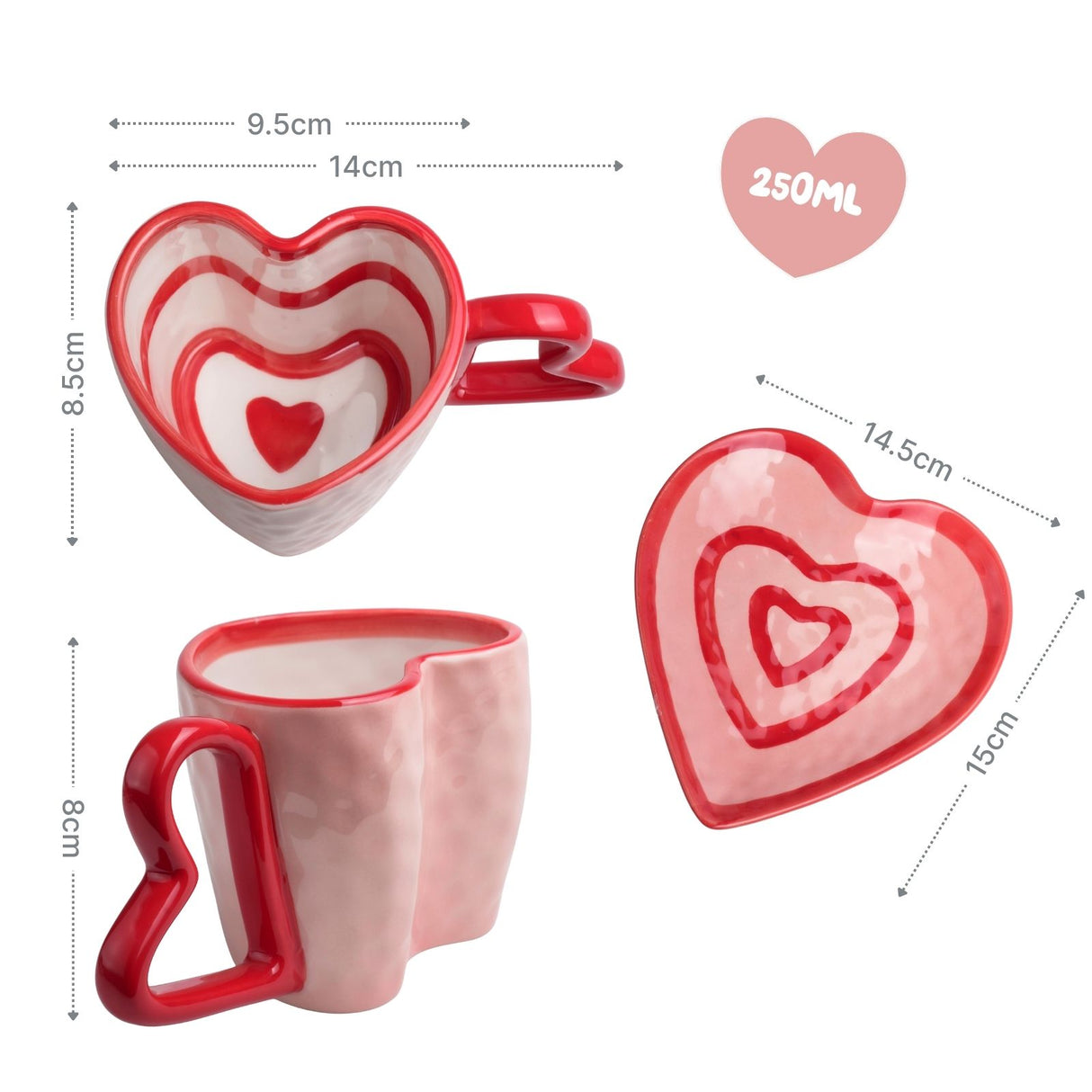 Herztasse mit Untertasse Henkeltasse Becher Kaffeetasse Teetasse