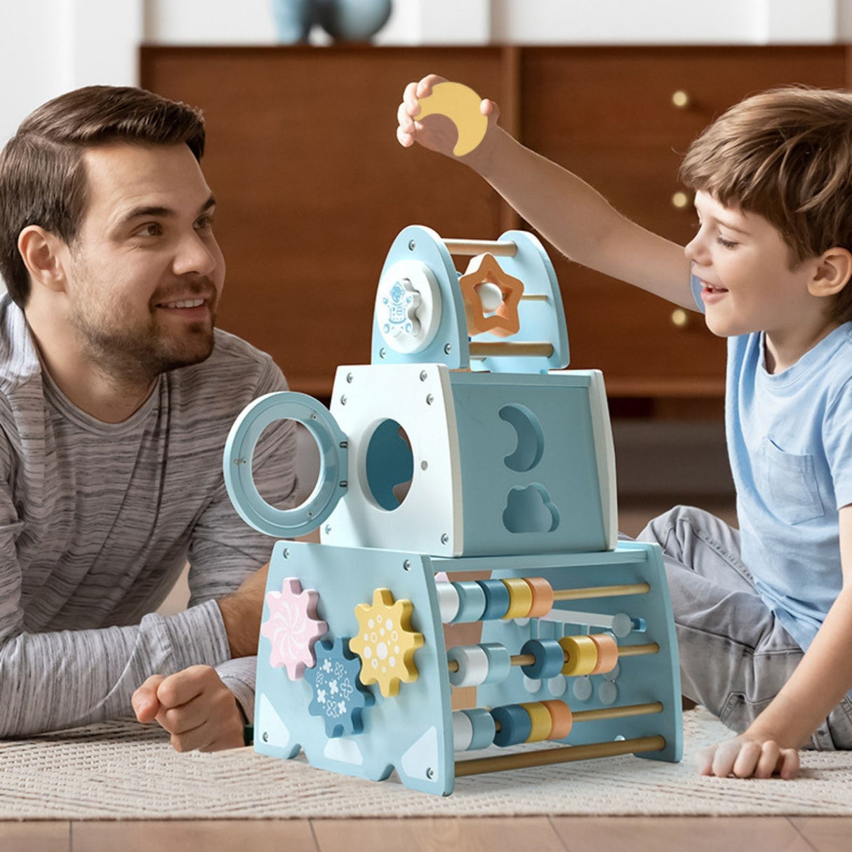 8in1-Aktivitäts-Holzraumschiff Kinderspielzeug Rakete Motorikspielzeug