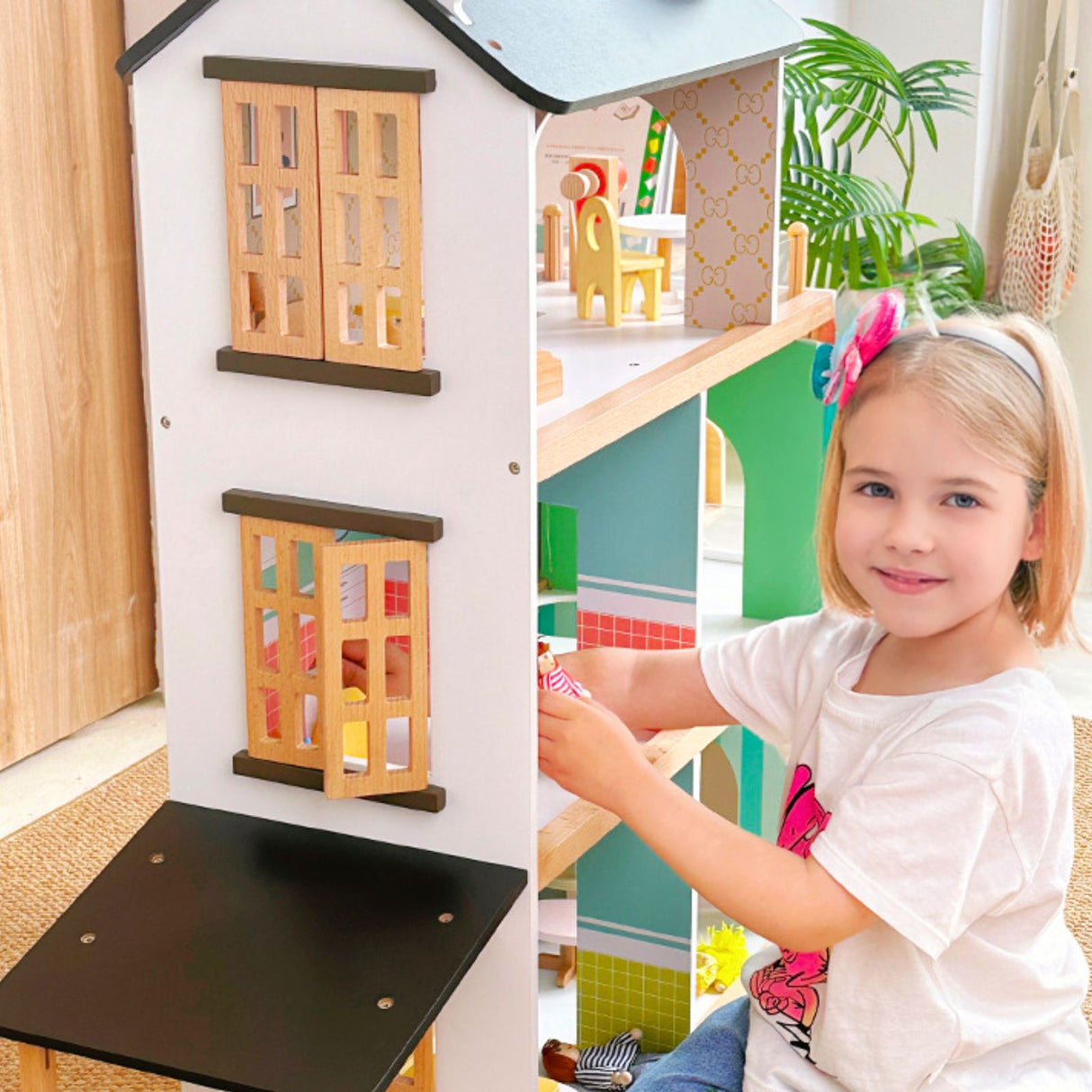 21-tlg. Holz-Puppenhaus mit Zubehör Spielhaus Kinderspielzeug Haus