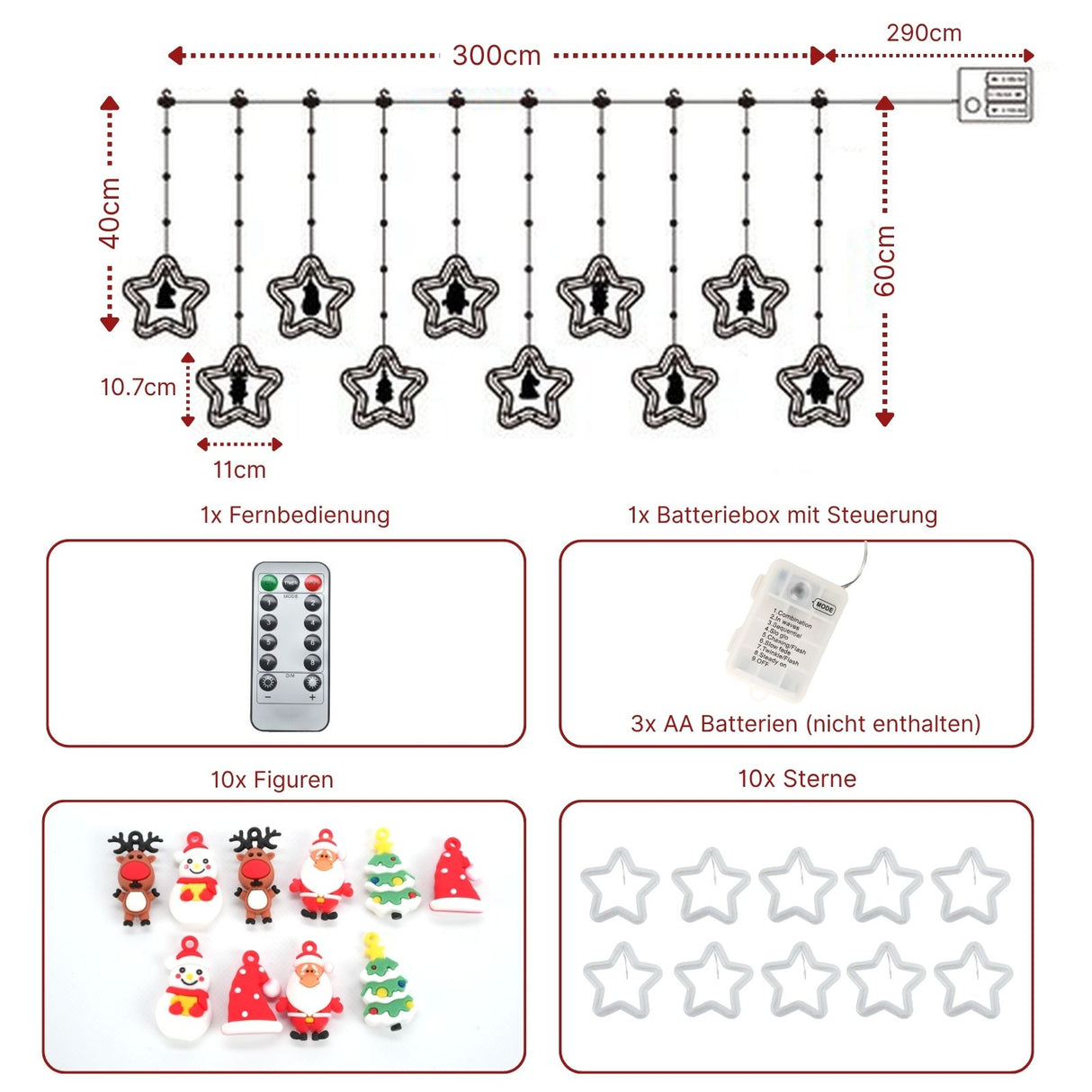 LED Weihnachtslichterkette 3m Sternen-Lichtervorhang Sternlichterkette
