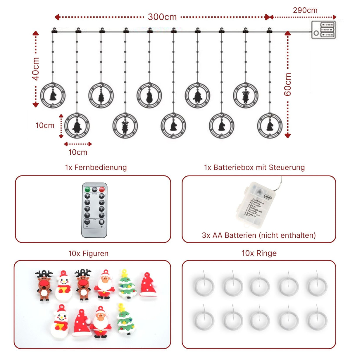 LED Weihnachtslichterkette 3m Ringlichterkette Leuchtvorhang mit Ringen