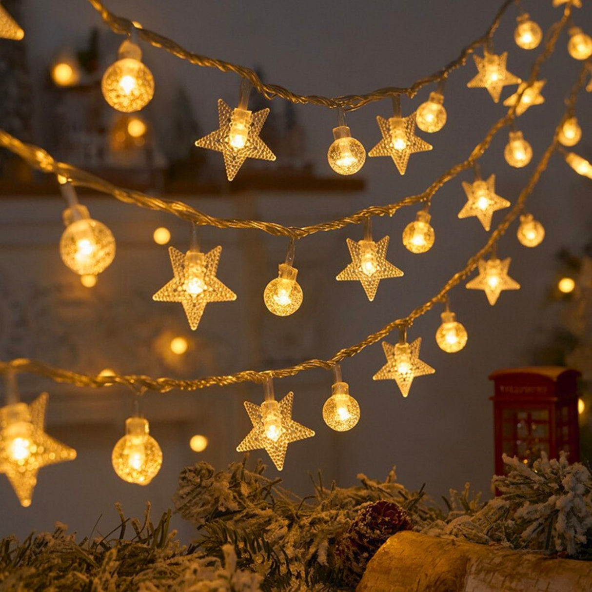 LED Kugel- und Sternenlichterkette 3m Dekolichterkette Sterne Kugeln