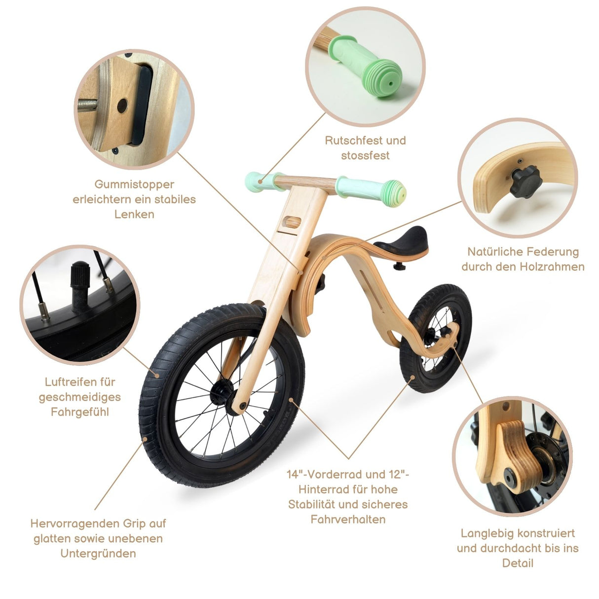 Baby Balance Bike 3 in 1 Lauflernrad Laufrad Kinderfahrrad aus Holz