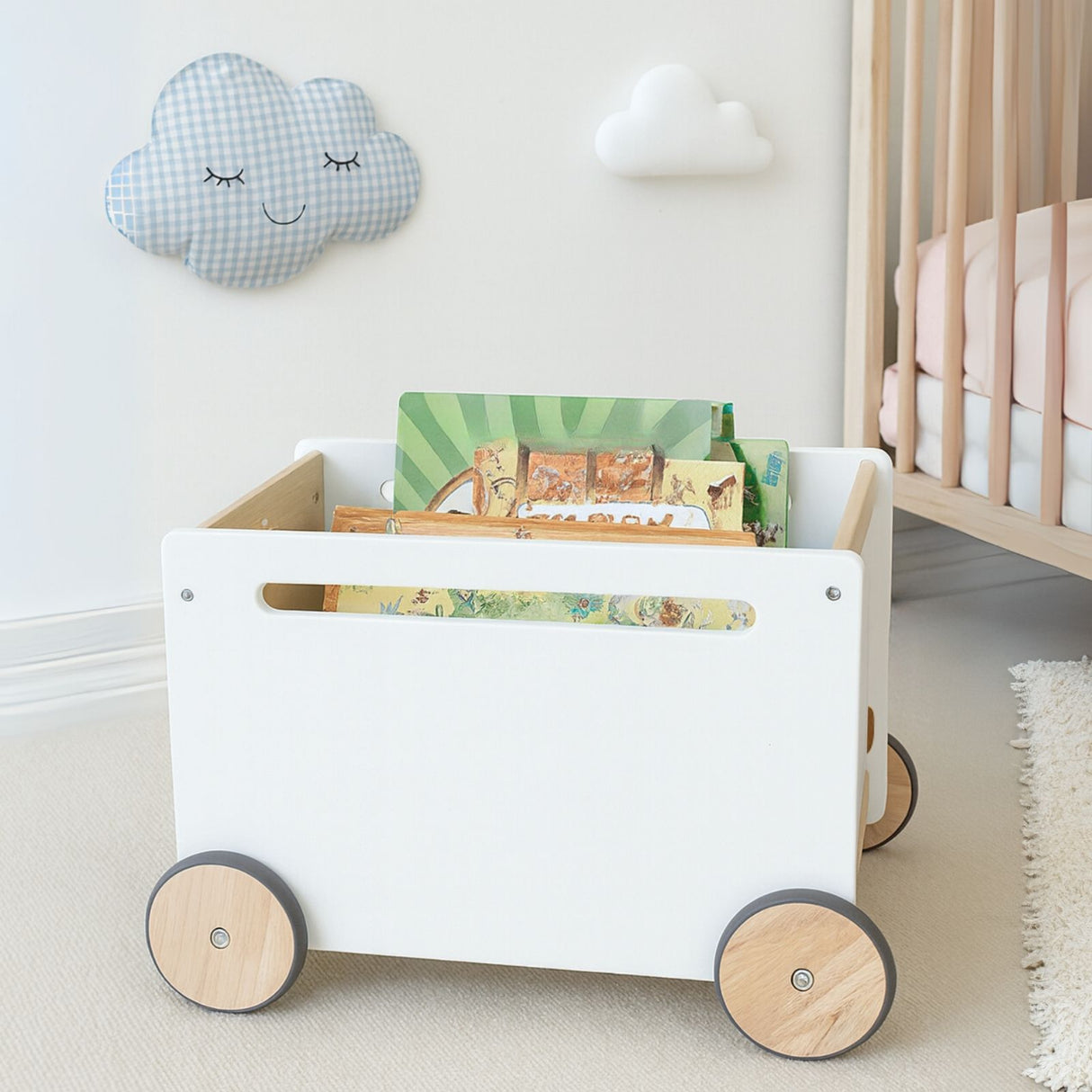 Spielzeugkiste auf Rollen Spielzeugwagen Bücherkiste Holz-Rollbox